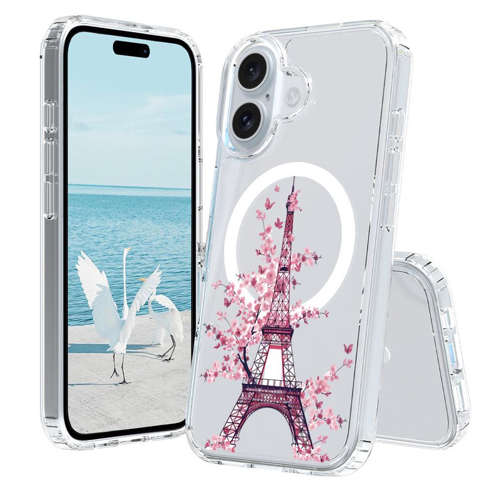 For iPhone 16 Plus Case Compatible with MagSafe Flower Pattern Printing TPU+PC Phone Cover