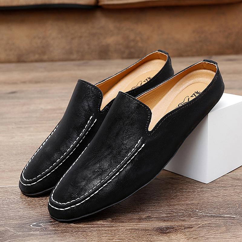 Genuine Leather Men Slippers Slip On Half Shoes Summer Casual Shoes Breathable Sandals Lightweight Muller Shoes Comfy Lazy Shoes