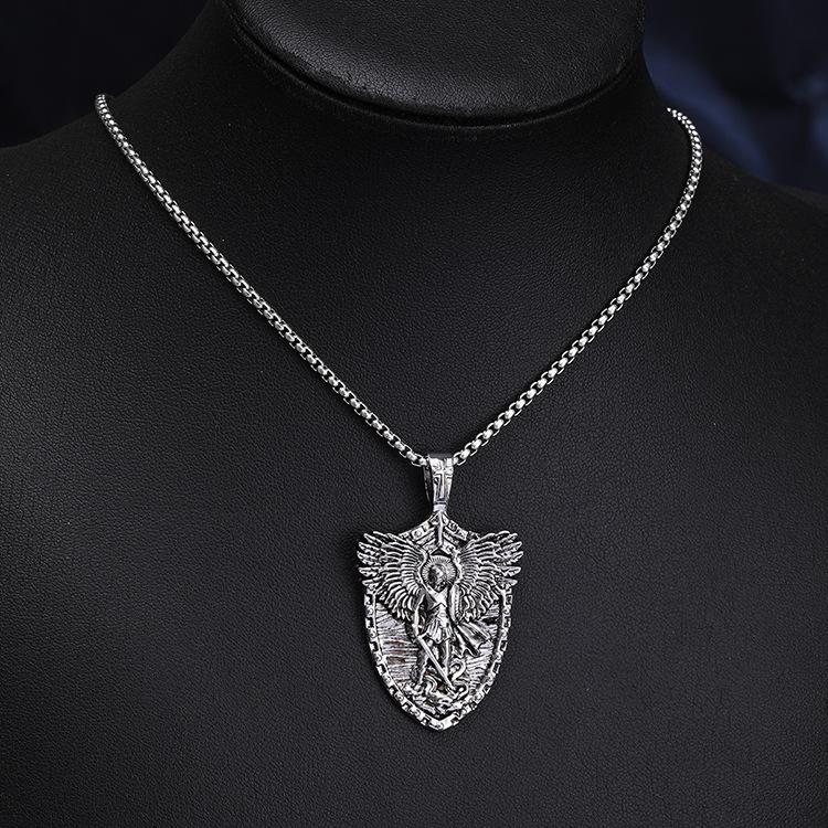 Saint Michael Men's Vintage Shield Titanium Steel Angel Ornament Pendant Necklace