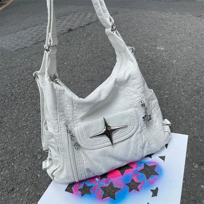 Y2k Large Capacity Shoulder Bag White Pu Leather Star Handbag American Style Punk Goth Fashion Simple Designer Handbag Tote Bag