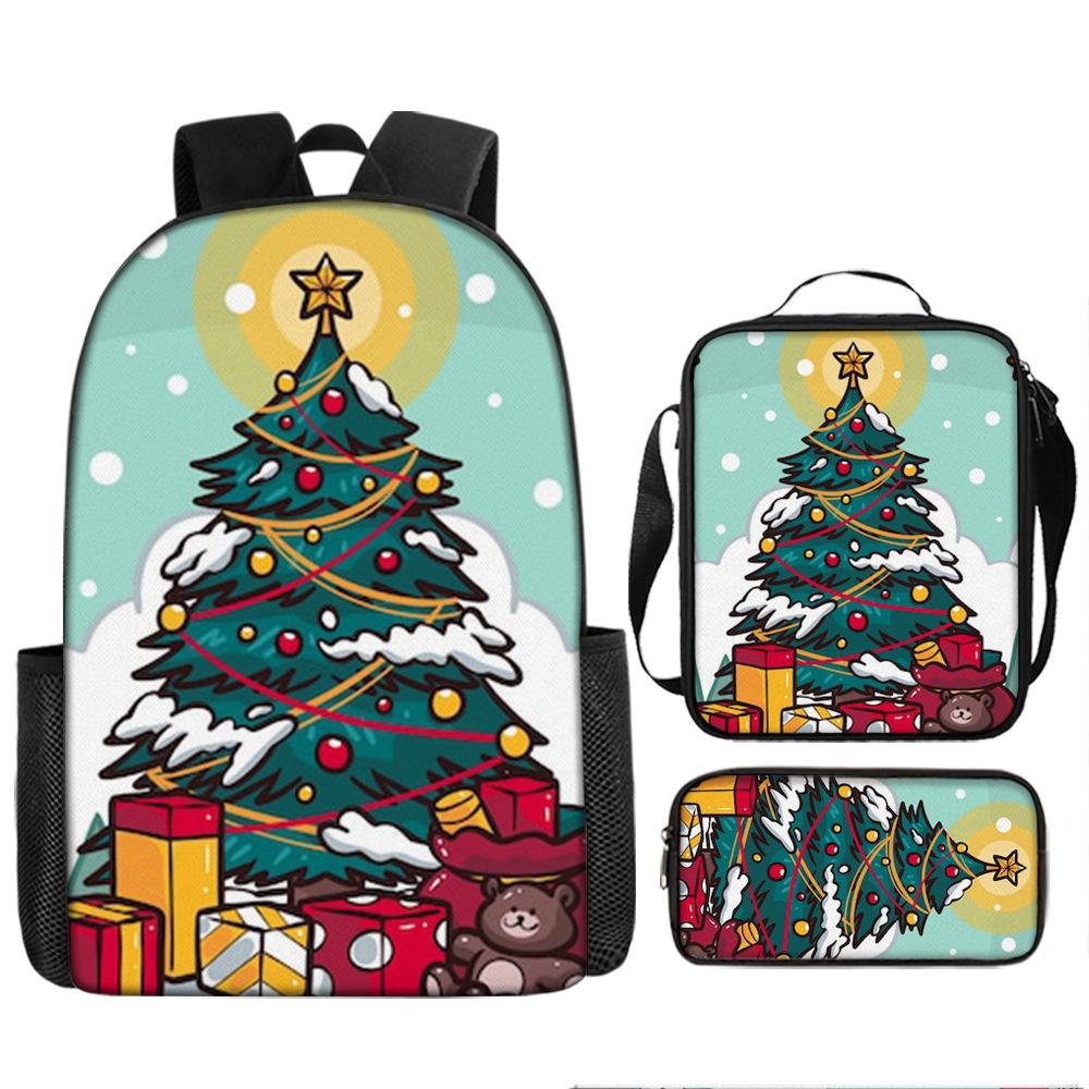 Santa Claus Christmas Tree Backpack Elementary School Bag Large Capacity Leisure Bag Lunch Bag Pencil Bag Three-piece Set