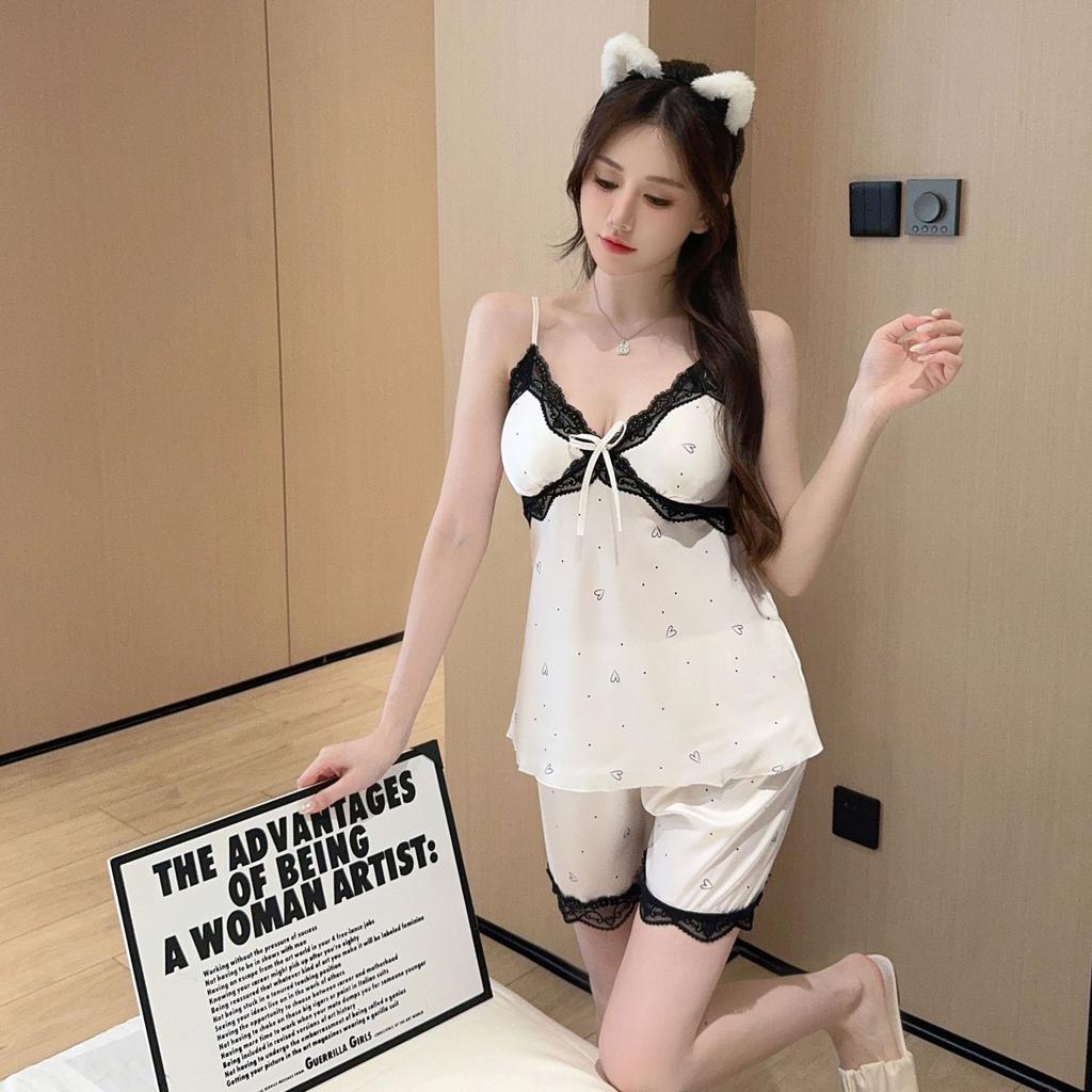 Fashion explosion lace edge suspender nightdress women's new model with chest pad can be worn outside floral dress pajamas