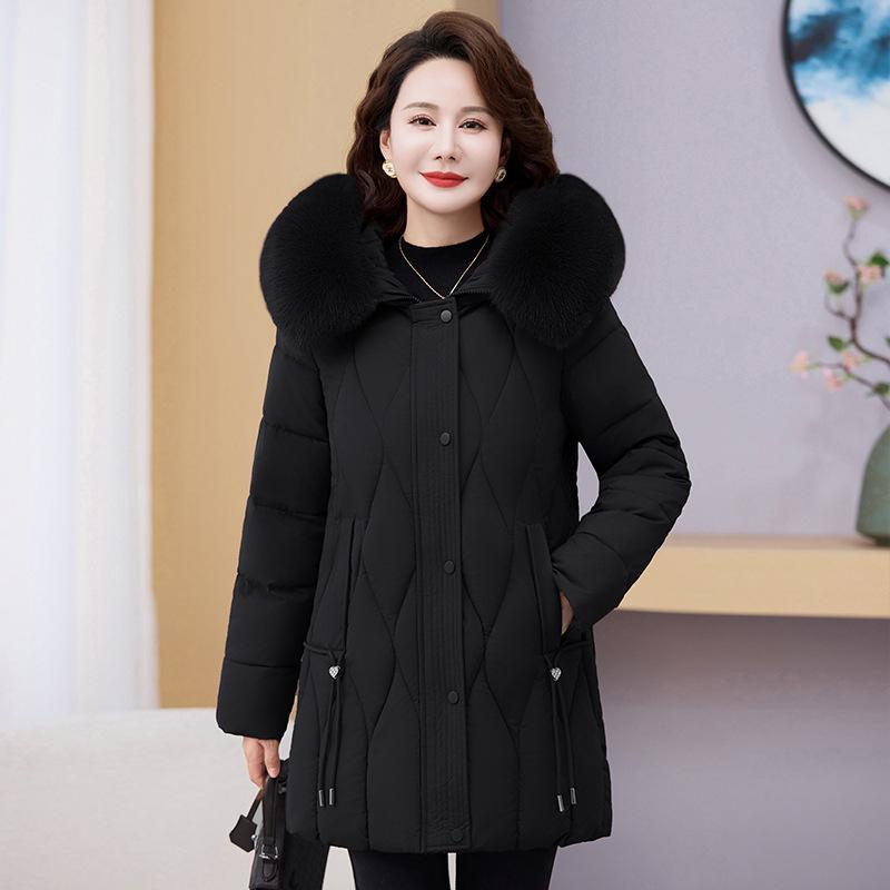 Large Size Middle-aged and Elderly Women's Winter Coats, Mothers' Mid-length Cotton Coats, Large Fur Collar, Hooded and Thickened Cotton Jackets
