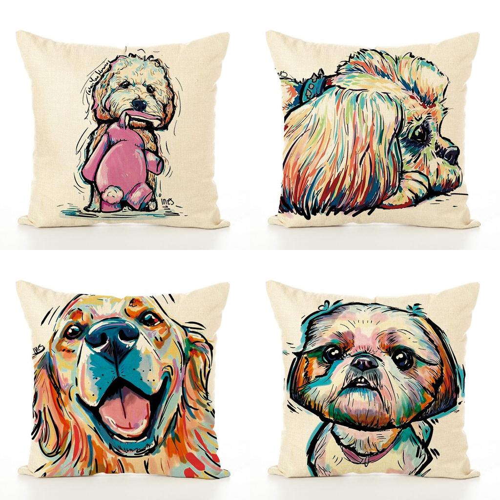 Adorable Pet Dog Pillow Cover In Linen Blend For Cozy Sofa And Office Decor