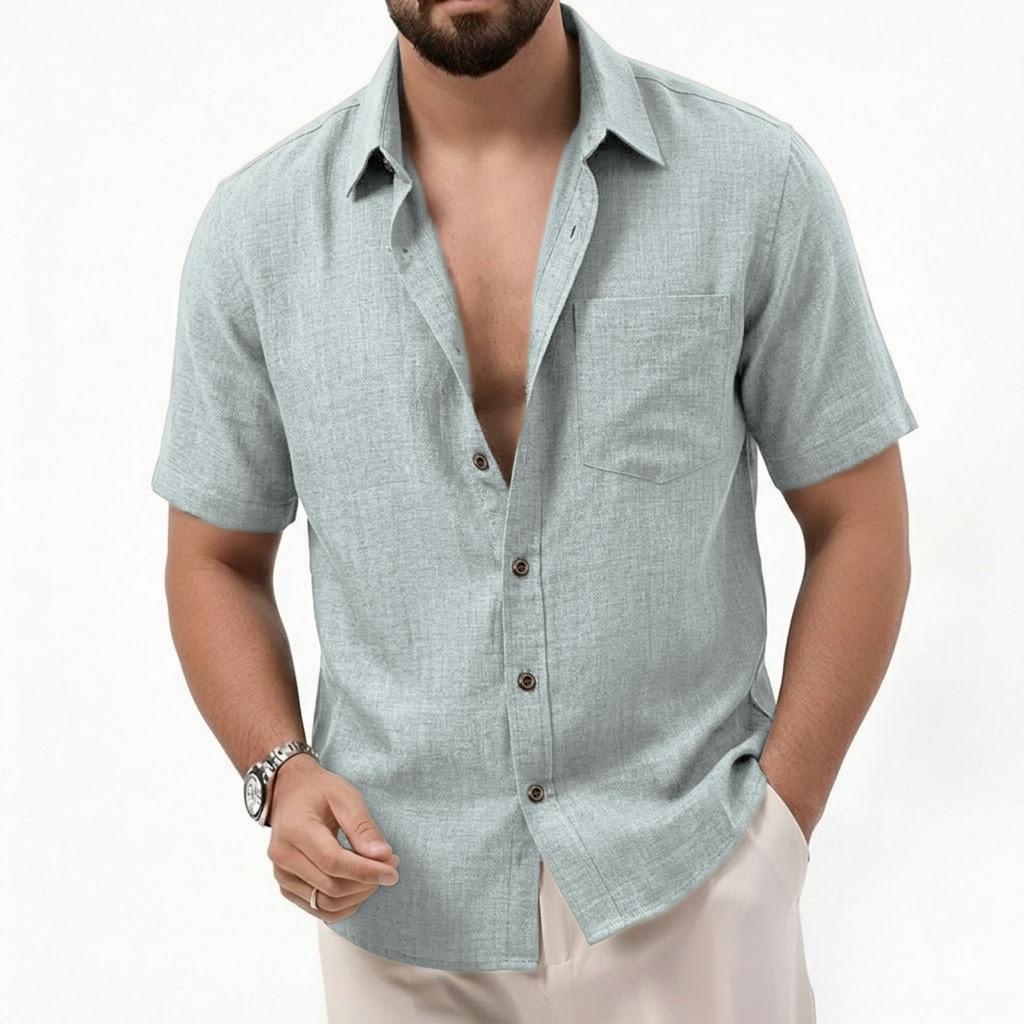 Men Short Sleeve Button Down Shirt Classic Fit Collar Lightweight Breathable Fabric Casual Summer Top