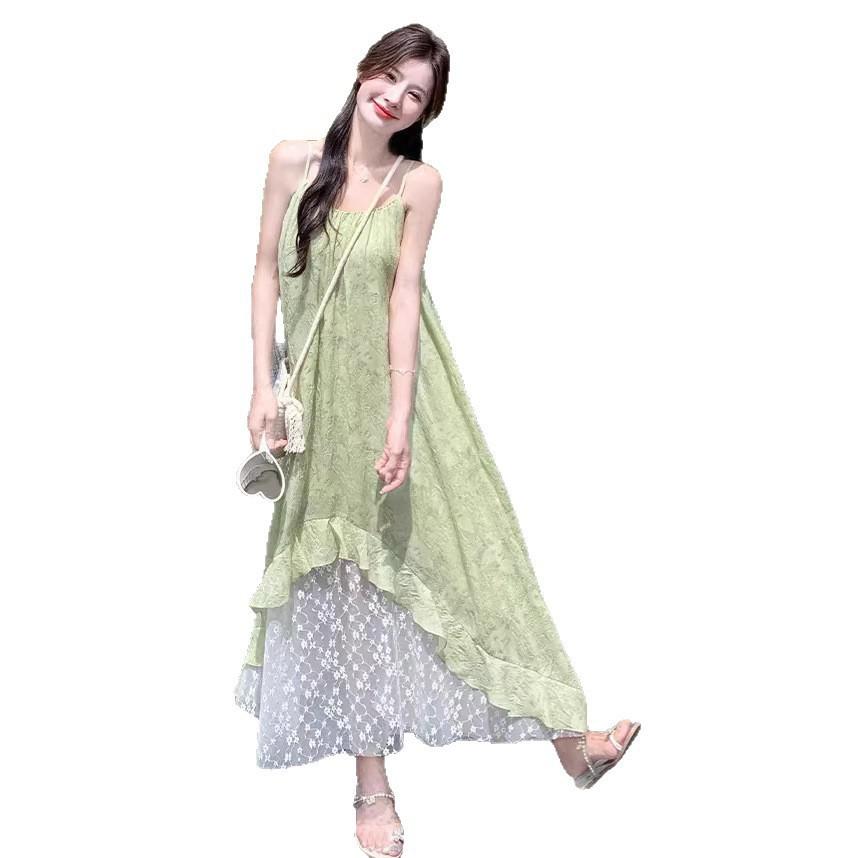 Green Mori Floral Suspender Dress Women's Summer New French Seaside Vacation Chiffon Irregular Long Dress