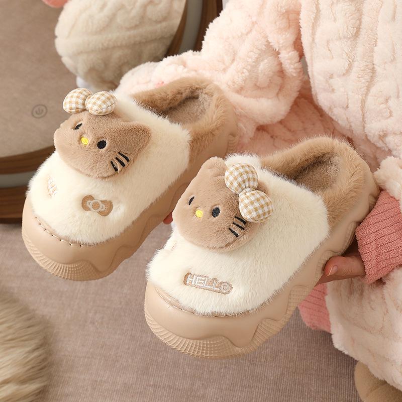 Women's Winter Thick-Soled Cotton Slippers: Cute Bow, Fluffy, Warm, Non-Slip, Height-Enhancing