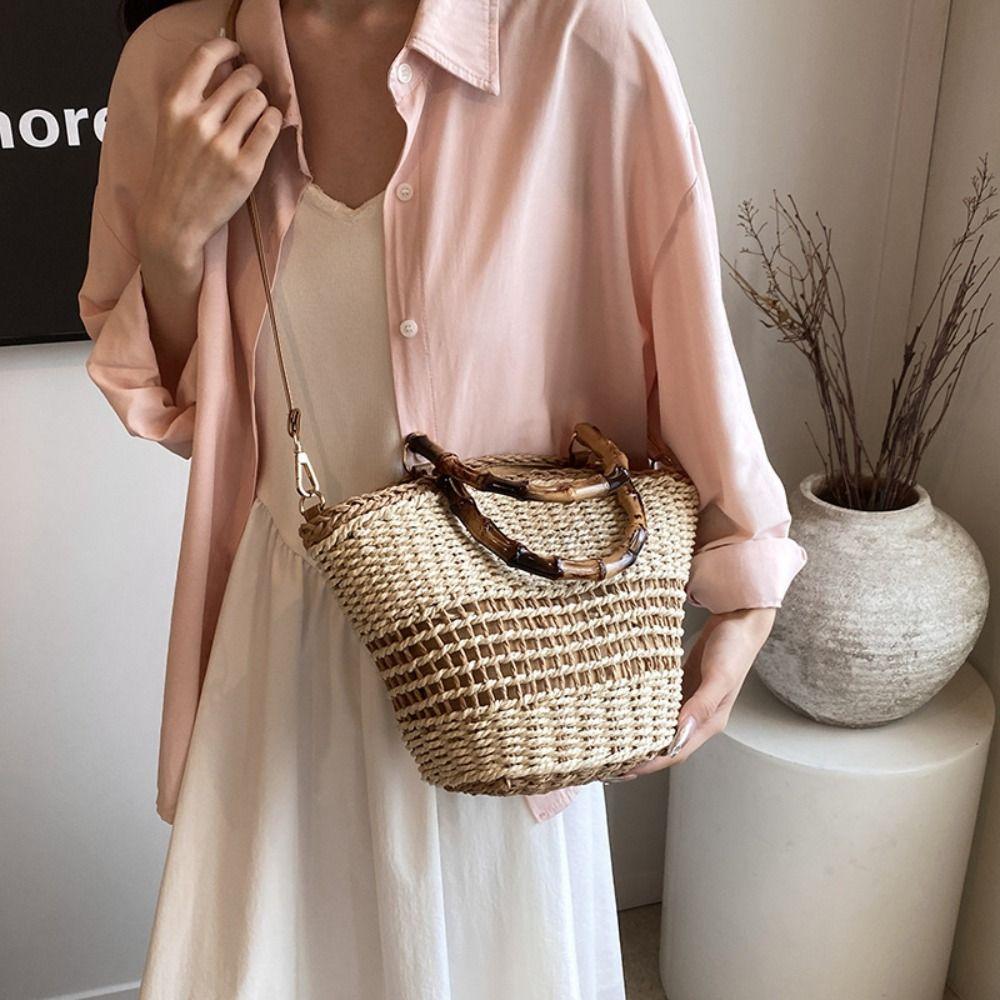 Large Capacity Weave Straw Bag Casual Woman Handbag Ins Bucket Shoulder Bag  Holiday