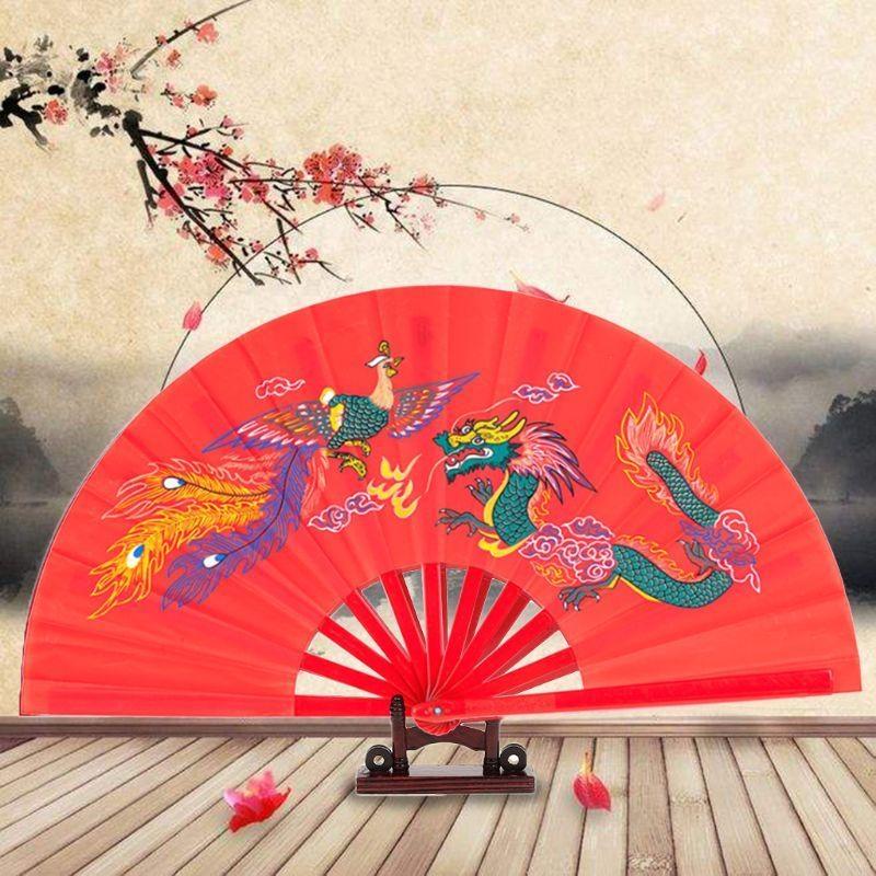62KD Chinese Kung Fu Fan for Chi Martial Arts Dragon Phoenix Plastic Handheld Fol