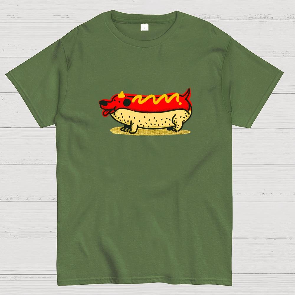 Funny Hot Dog Dachshund Cartoon Retro Cotton Summer Casual Cool Loose T-Shirt
