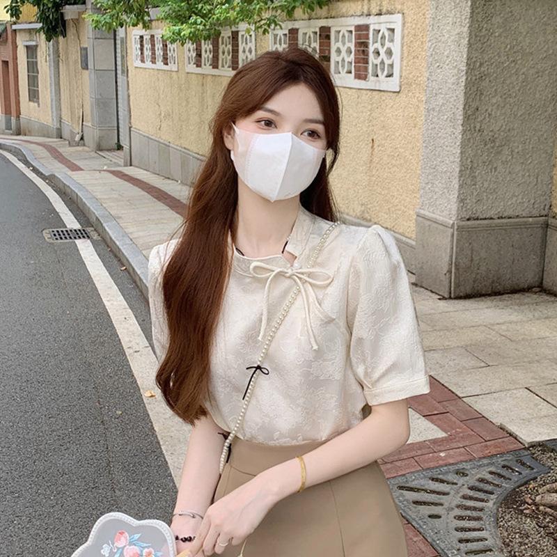 

Новая одежда в китайском стиле, национальный стиль, улучшенный топ ципао, женская летняя 2025 застежка в стиле Тан, национальная модная тонкая рубашка с коротким рукавом S абрикосовый