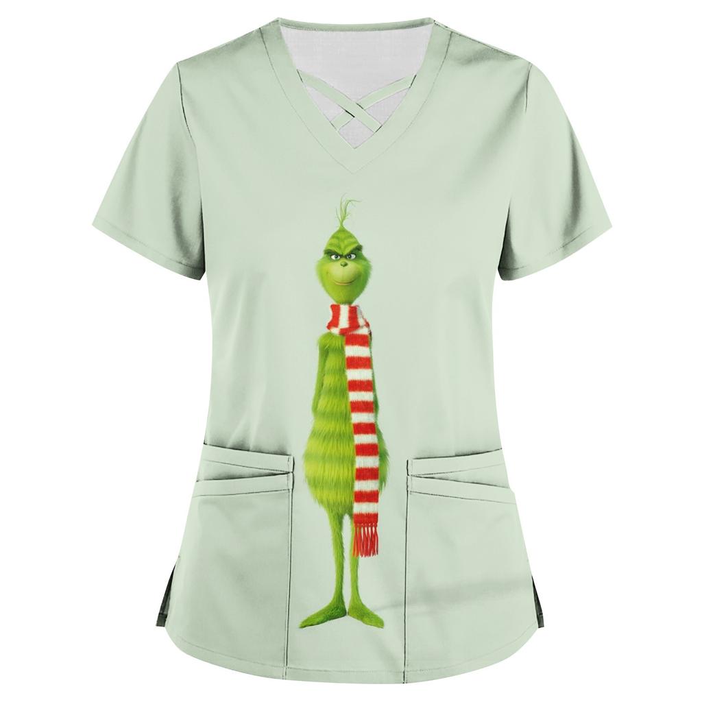 Women's Printed Work Clothes With V Neck And Double Layer Pocket Basic Tops Pullover