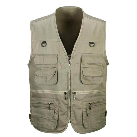 Men Waistcoat Solid Color Multi Pockets Zipper Sleeveless Spring Vest for Fishing