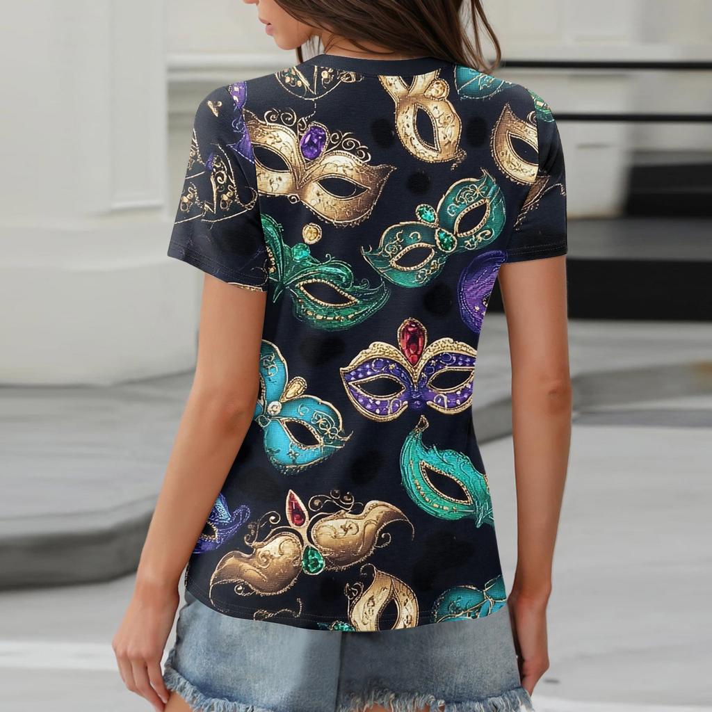 Damen-T-Shirt, T-Shirt, bedruckt, Knopfleiste, kurzärmelig, für den Alltag, Wochenende, modisch, Basic, V-Ausschnitt, normales Oberteil