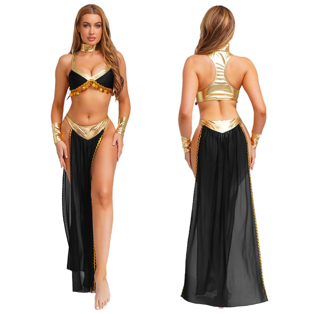 4-Piece Egyptian Queen Costume Set S-4XL for Womens - Crop Top Collar Sleeves and Side Slit Chiffon Skirt with Metallic Shiny Details