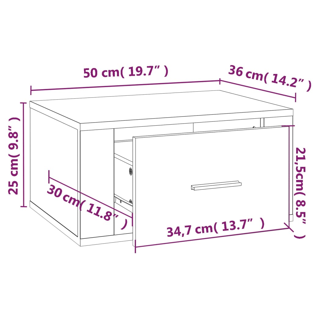 Wall Mounted Nightstand Smoked Oak 50 X 36 X 25 Cm