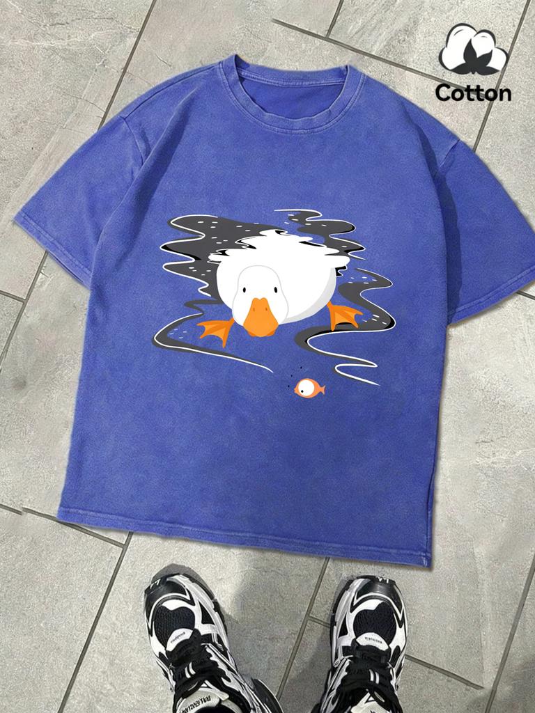 A Goose Free In The Water Design Snow Wash Men Tee Summer Retro T Shirt Soft Fashion Washed Clothing Unisex Cotton ONeck Tops