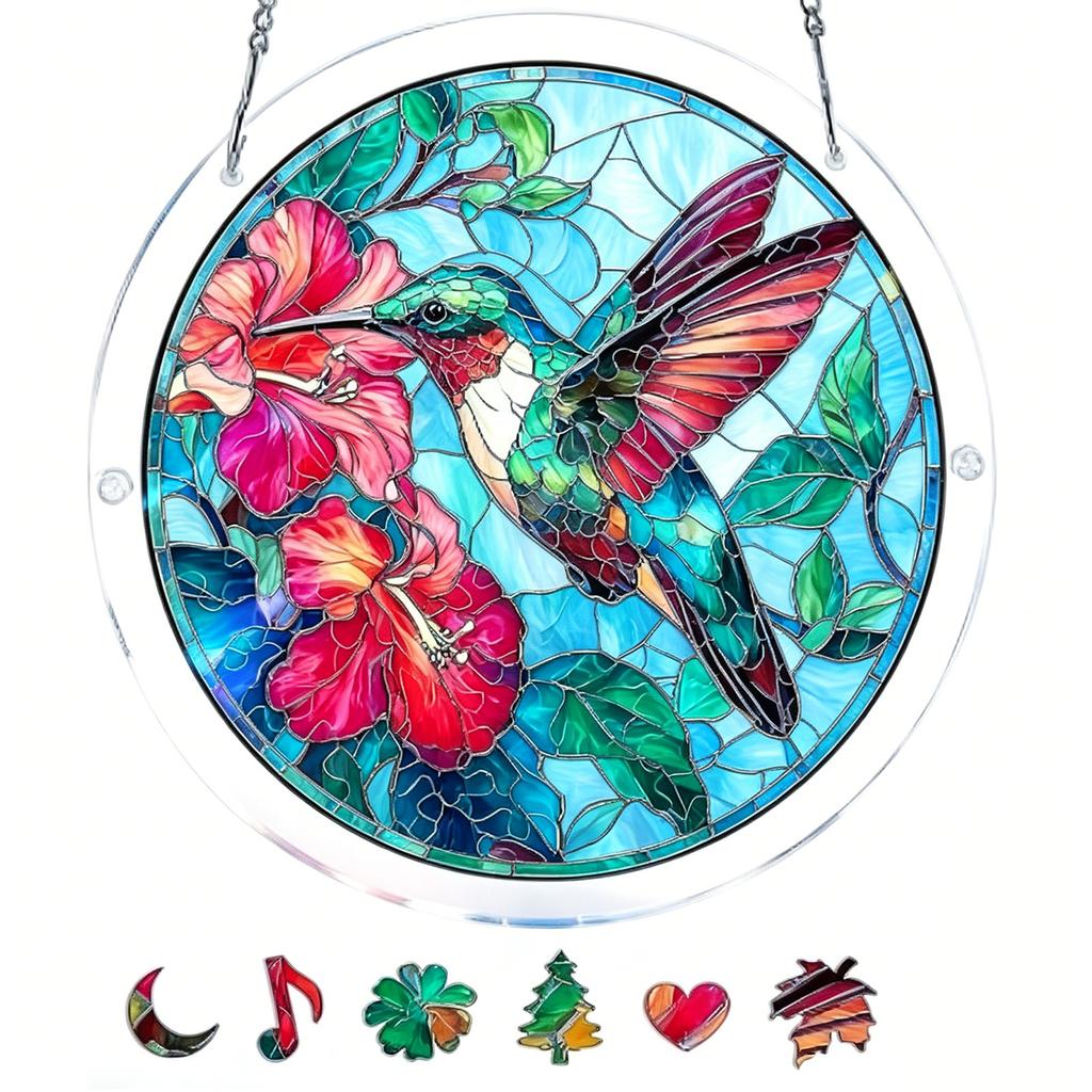 Acrylic Puzzle Hanging Ornament 83 2D Round Suncatcher with Hummingbird and Floral Pattern for Home Window Decor Display