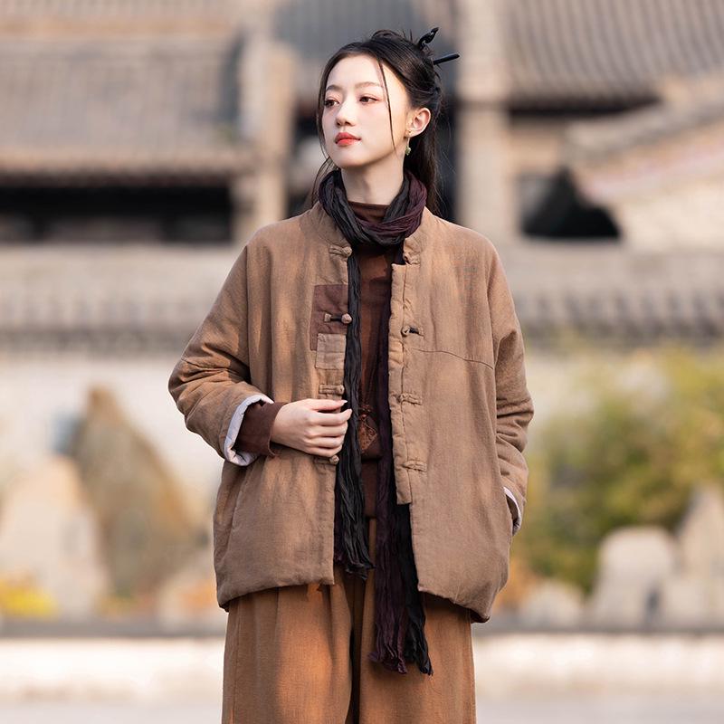 Women's Retro Patchwork Quilted Cotton Jacket with Cross-Lapel and Frog Button