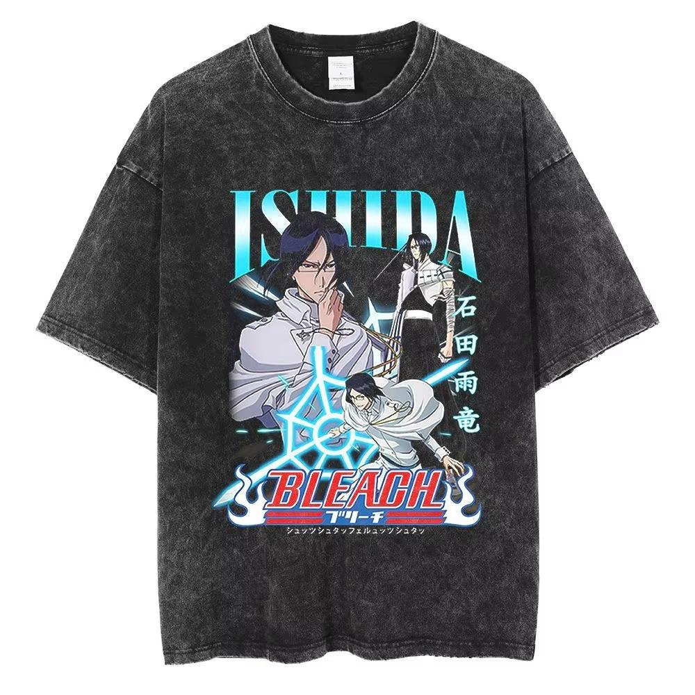 2026 BLEACH T-shirt, Washed Cotton Tee with Uryu Ishida Quincy Attire & BLEACH Logo Art Print, Oversized Casual Streetwear L