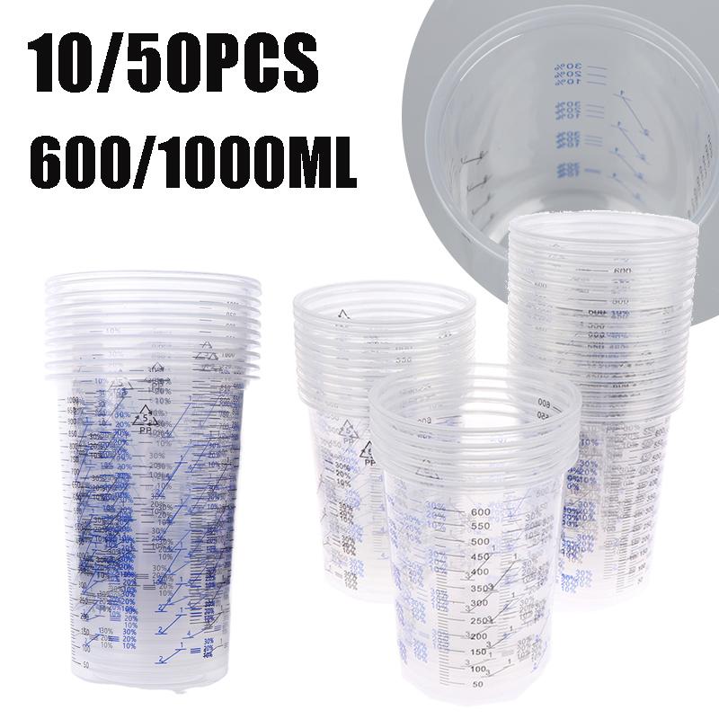 10/50Pcs 600/1000ml Disposable Paint Mixing Calibrated Cup Transparent Graduated Cup Plastic Liquids Measuring Cups