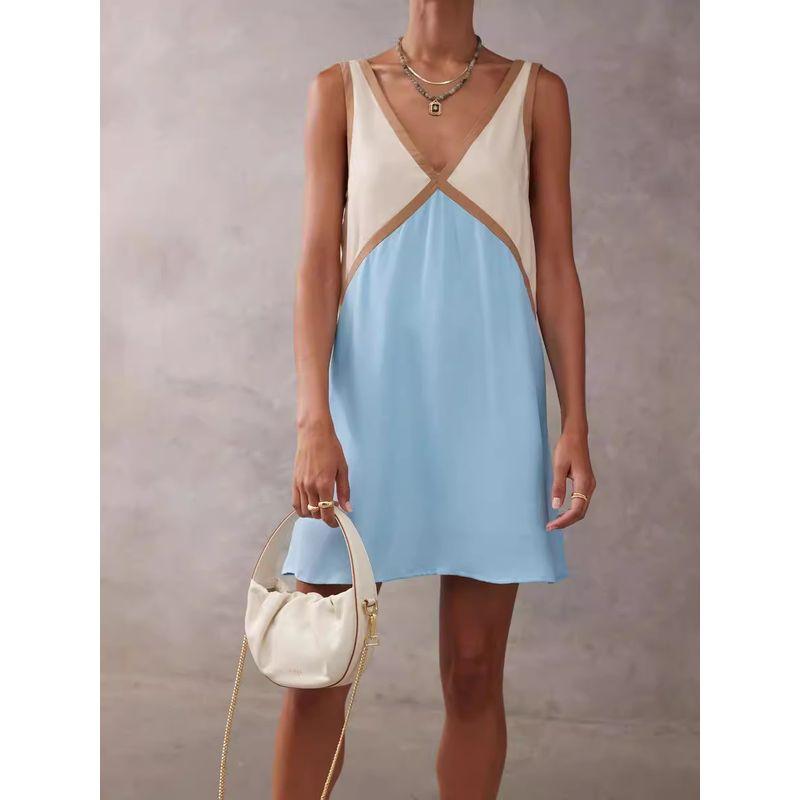 

Color Blocked Dress New European and American Women clothes Summer V-neck Loose Sleeveless Vest Color Matching Dress Blue XL