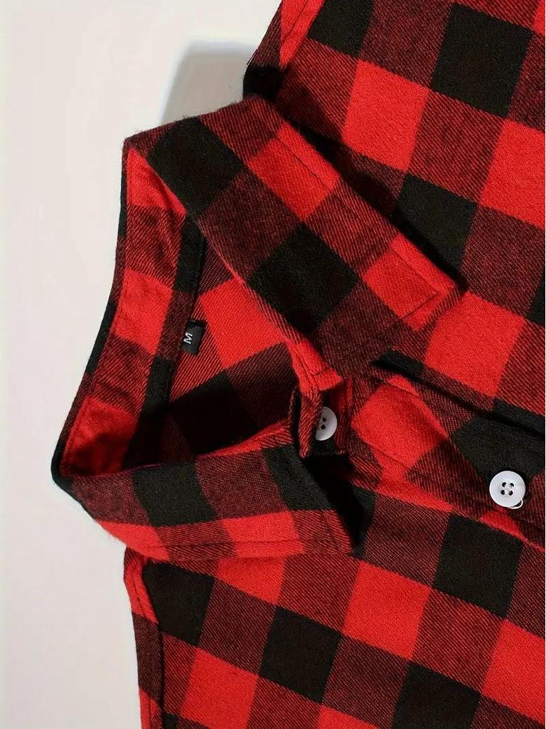 European Size Plaid Hooded Short-Sleeved Men's Cardigan Shirt with Double Pocket Flap