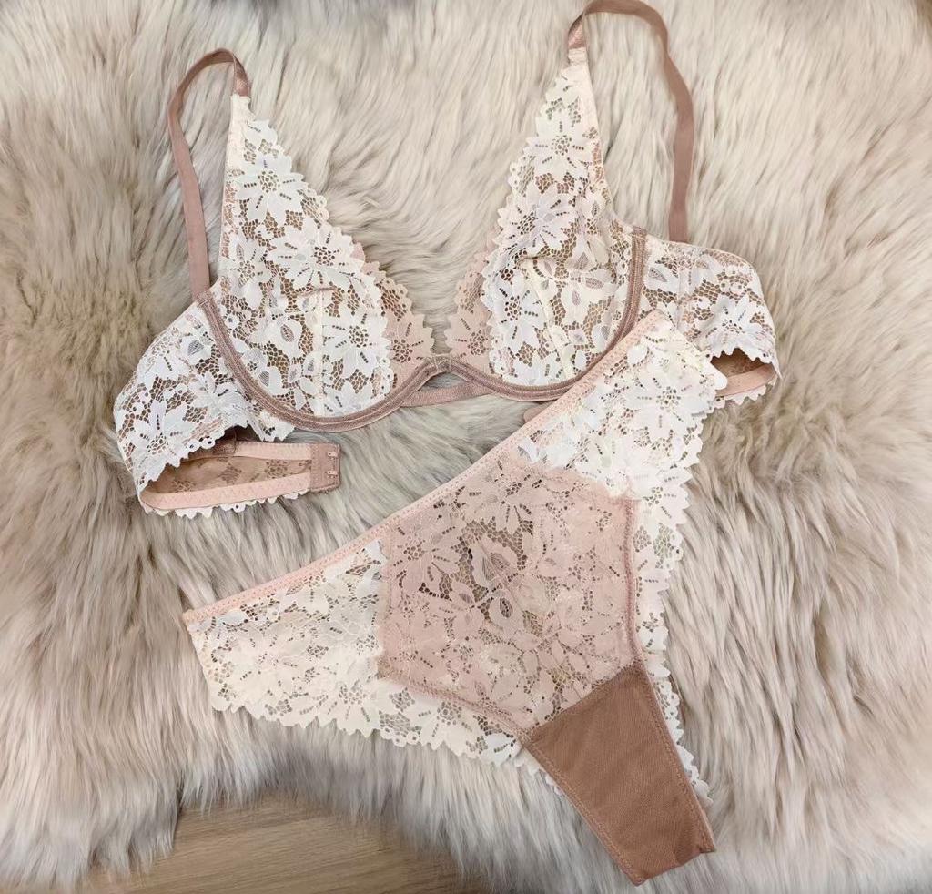 Hot-selling French sexy underwear women's ultra-thin pure lace bra cover large chest small large size underwear set