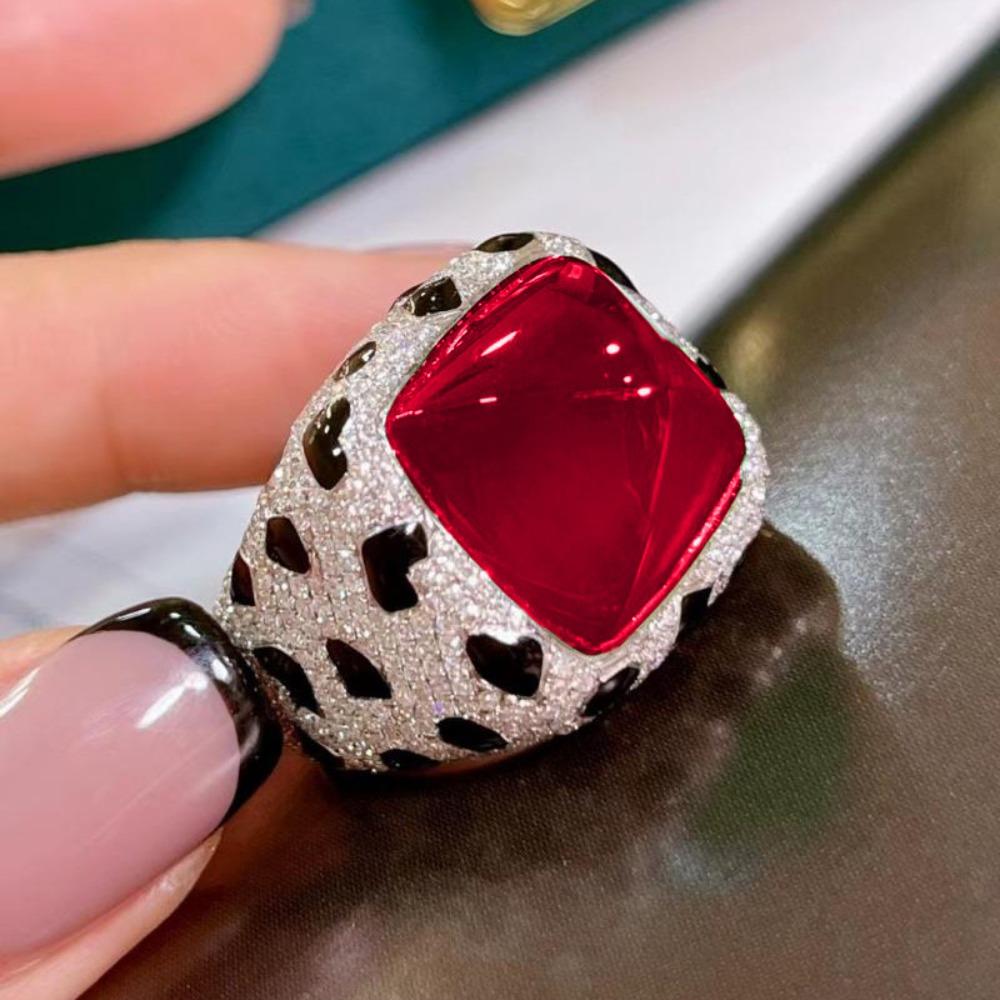 Royal Blue Sapphire Red Diamond Panther 17ct Luxury Full Diamond Open Ring adjustable