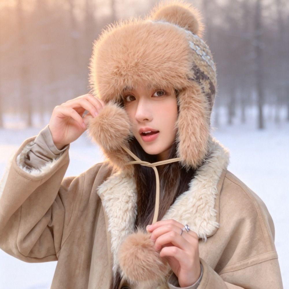 Pom Poms Knitted Trapper Hat 55-58cm Head Circumference Winter Hat Ushanka Hat Outdoor Activities