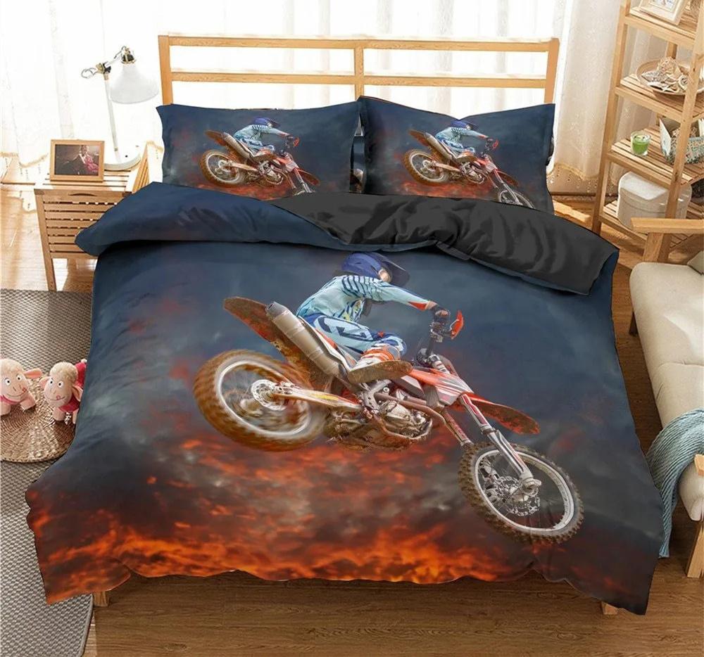 Motorrad Bettwäsche Set 3D Druck Autos Bettbezug mit Kissenbezug Motocross Tagesdecke Jungen Kinder Bettset King Size Heimtextilien