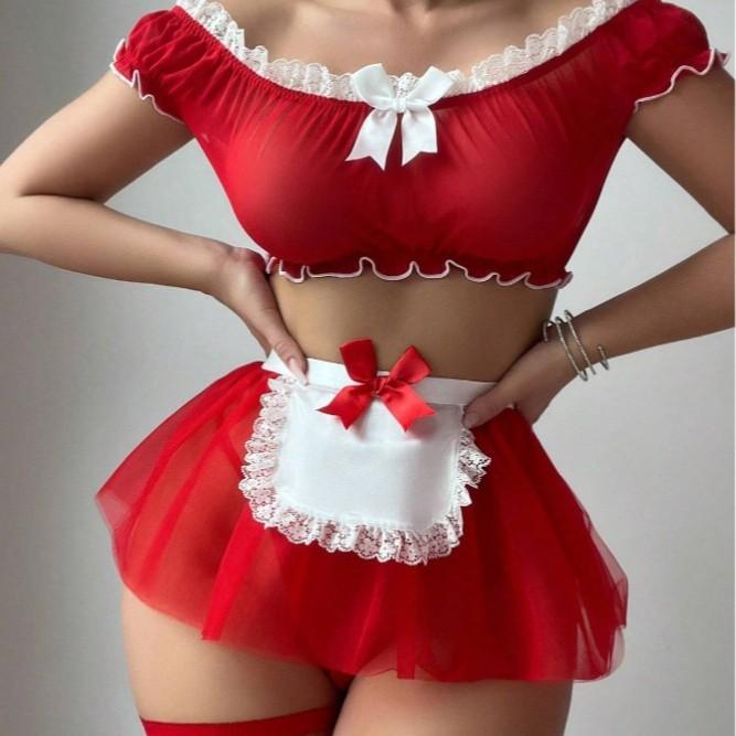 Sexy Lace Shoulder Maid Dress Seduction Cosplay Uniform Sexy Lingerie Set