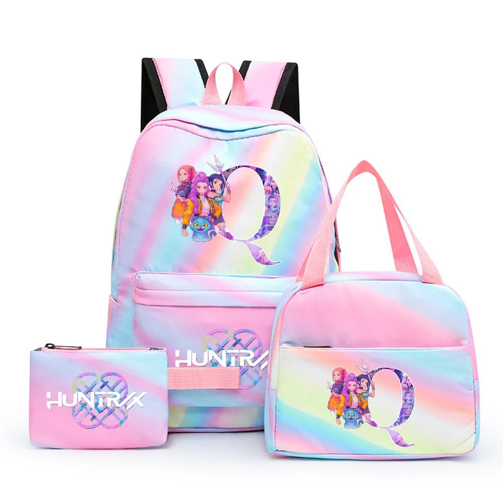 3 Stück/Set Anime Cartoon 26 Englische Buchstaben Bedruckter Rucksack mit Lunchtasche Mäppchen für Teenager Mädchen Junge Schultasche Großes Fassungsvermögen Reisetasche