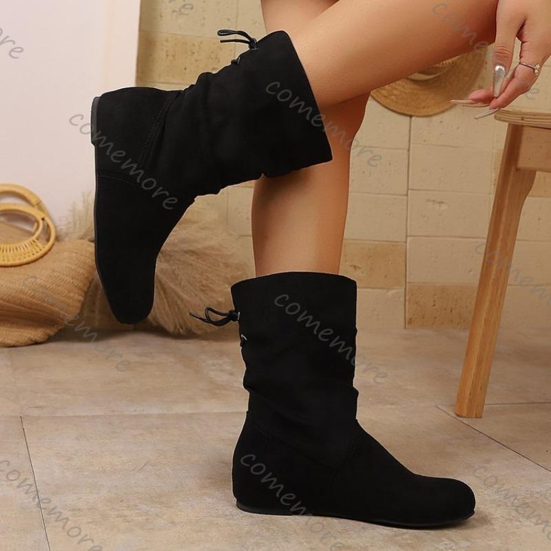 Módní Comemore Semišové Kotníkové Boty s Kulatou Špičkou pro Ženy Podzim Zima Ležérní Plochá Podrážka Šněrování Vzadu Jednobarevné Krátké Boty
