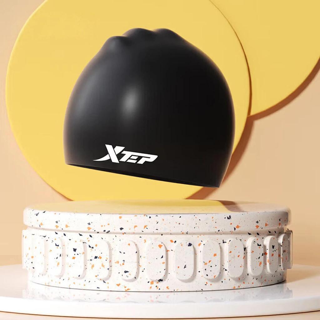 XTEP Silicone Swimming Cap, Comfortable, Waterproof, Solid Color, High-Elastic, Black