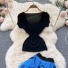 Sweet Temperament Two-Piece Suit V-Neck Knitted Top Blue Cake Skirt Mesh High Waist Retro Tutu Skirt