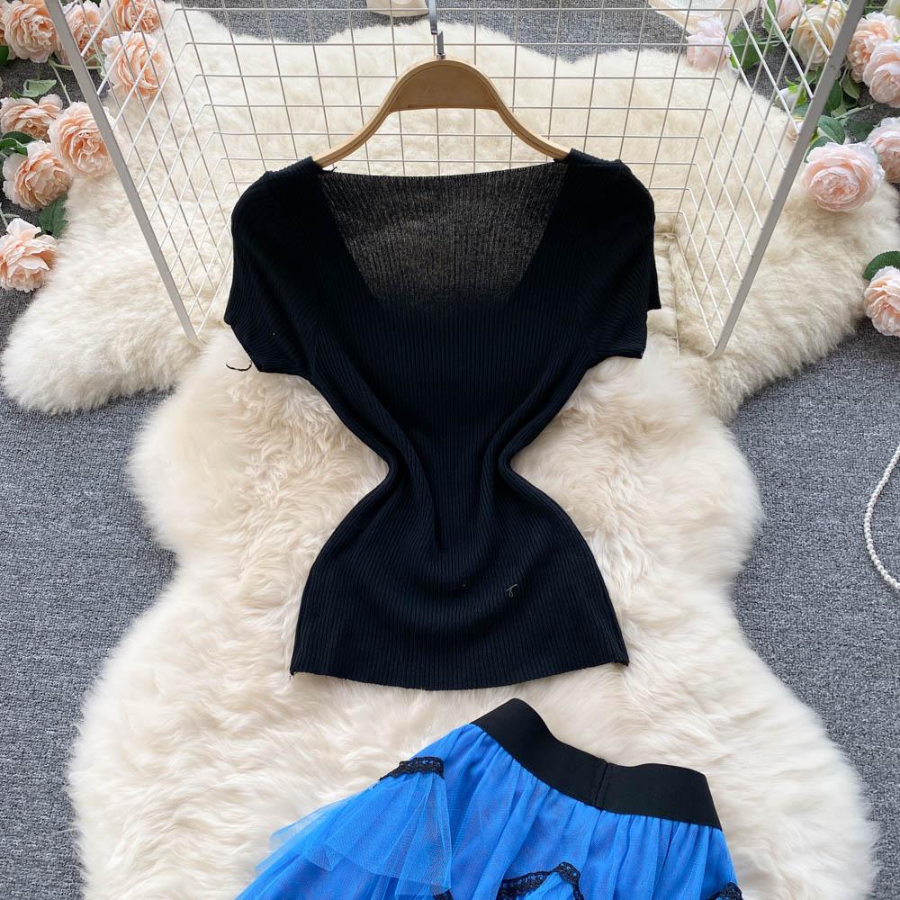 Sweet Temperament Two-Piece Suit V-Neck Knitted Top Blue Cake Skirt Mesh High Waist Retro Tutu Skirt