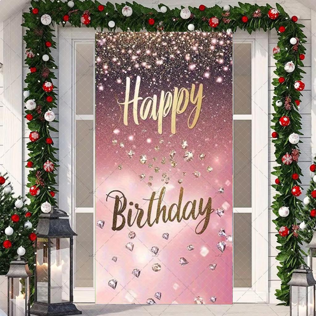 Black Gold Happy Birthday Door Banner Pink Blue Purple Shining Balloons Kid Adult Party Decoration Backdrop Photo Shoot Supplies