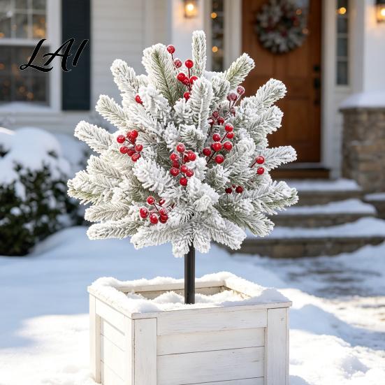 Outdoor Patio Christmas Accents Artificial Poinsettia Flower Yard Stake Red Floral Ground Spike Decor Potted Pine for Weather‑Resistant Fake Plant