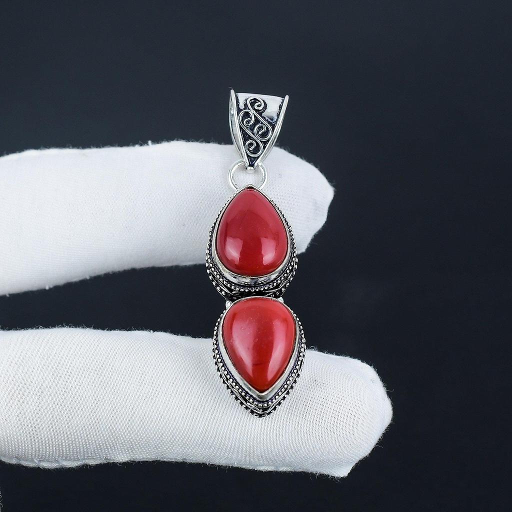 Natural Red Coral Gemstone Silver Pendant In 925 Sterling Silver - Handmade Pear Design, Everyday Wear Jewelry Birthday Gift