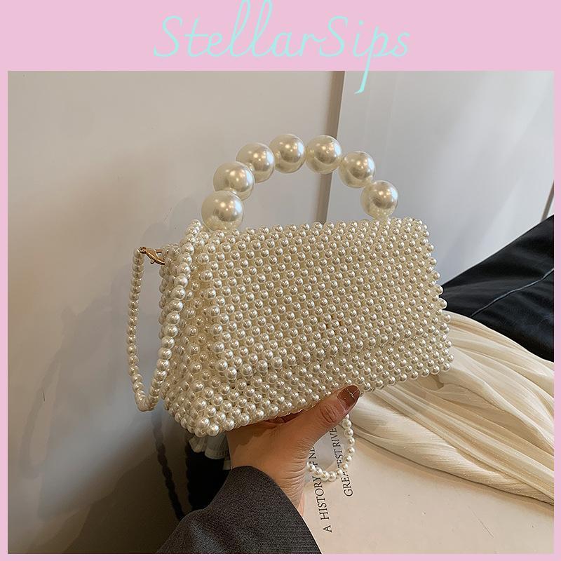 Handwoven Beading Lady Girl Travel Mini Bag Pearl Decor Magnetic Flap Closure