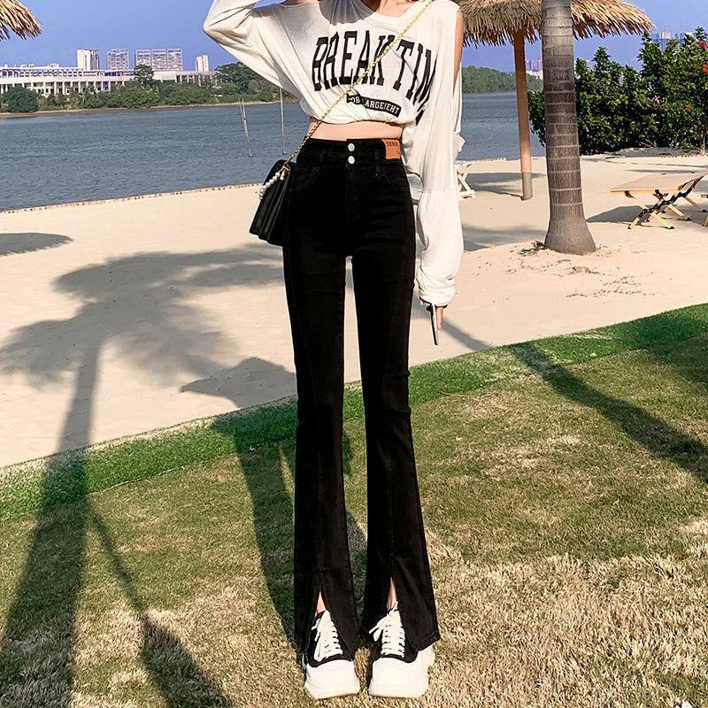 

Women s Black High Waist Elastic Split Denim Jeans - Slimming Plus Size, Straight Leg, Micro Flare, Wide Leg, Floor Length. L