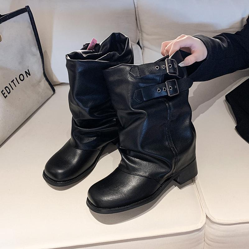 Punk Style Women Chelsea Boots Fashion Belt Buckle Shoes Autumn Winter Thick Heel Ladies Knight Short Booties