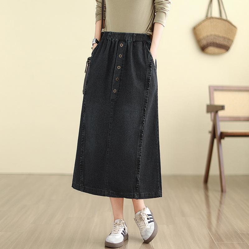 

Простая универсальная облегающая юбка с высокой талией, свободная А-силуэта, джинсовая юбка в винтажном стиле, юбка средней длины, женская одежда XL чёрный