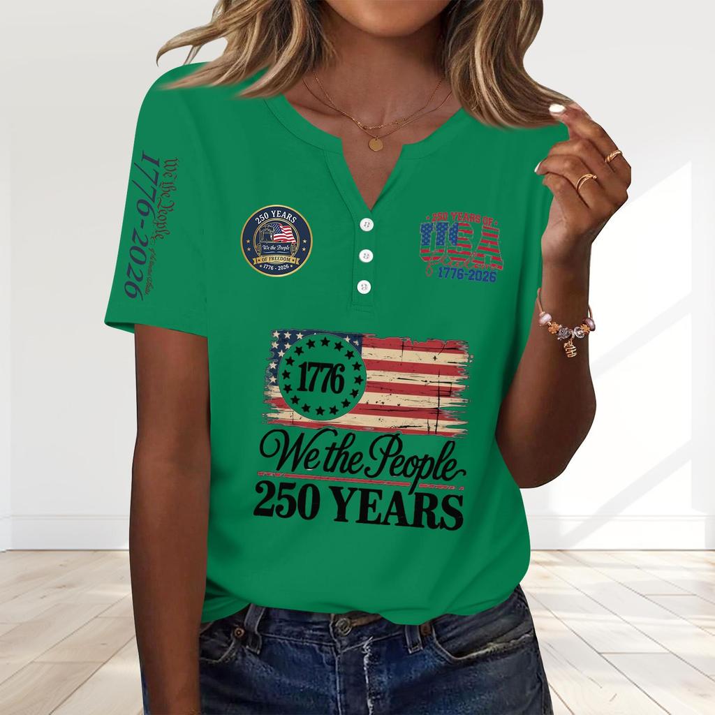 Women's Fashion Casual 250th Anniversary Independence Day Print V-Neck Short Sleeve Decorated Button-Up T-Shirt
