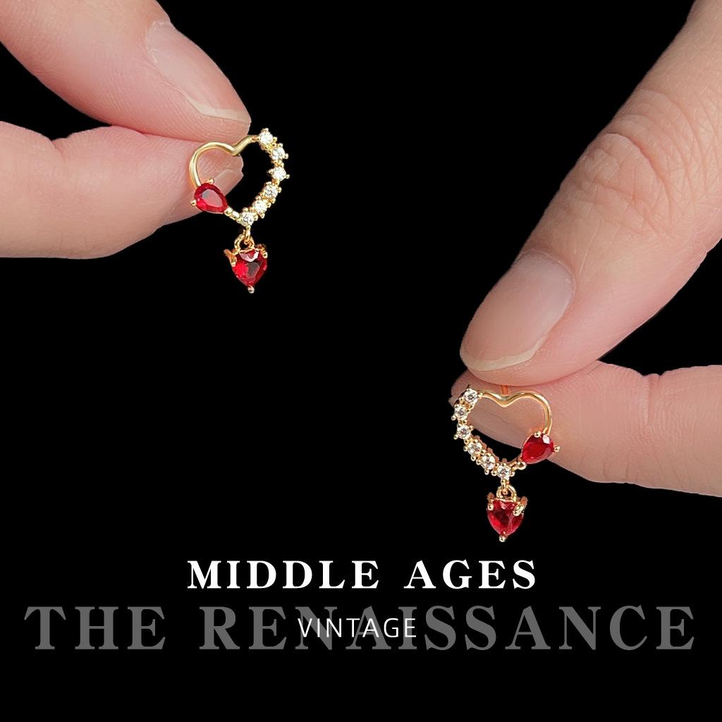 Burgundy zircon love earrings light luxury French court style stud earrings