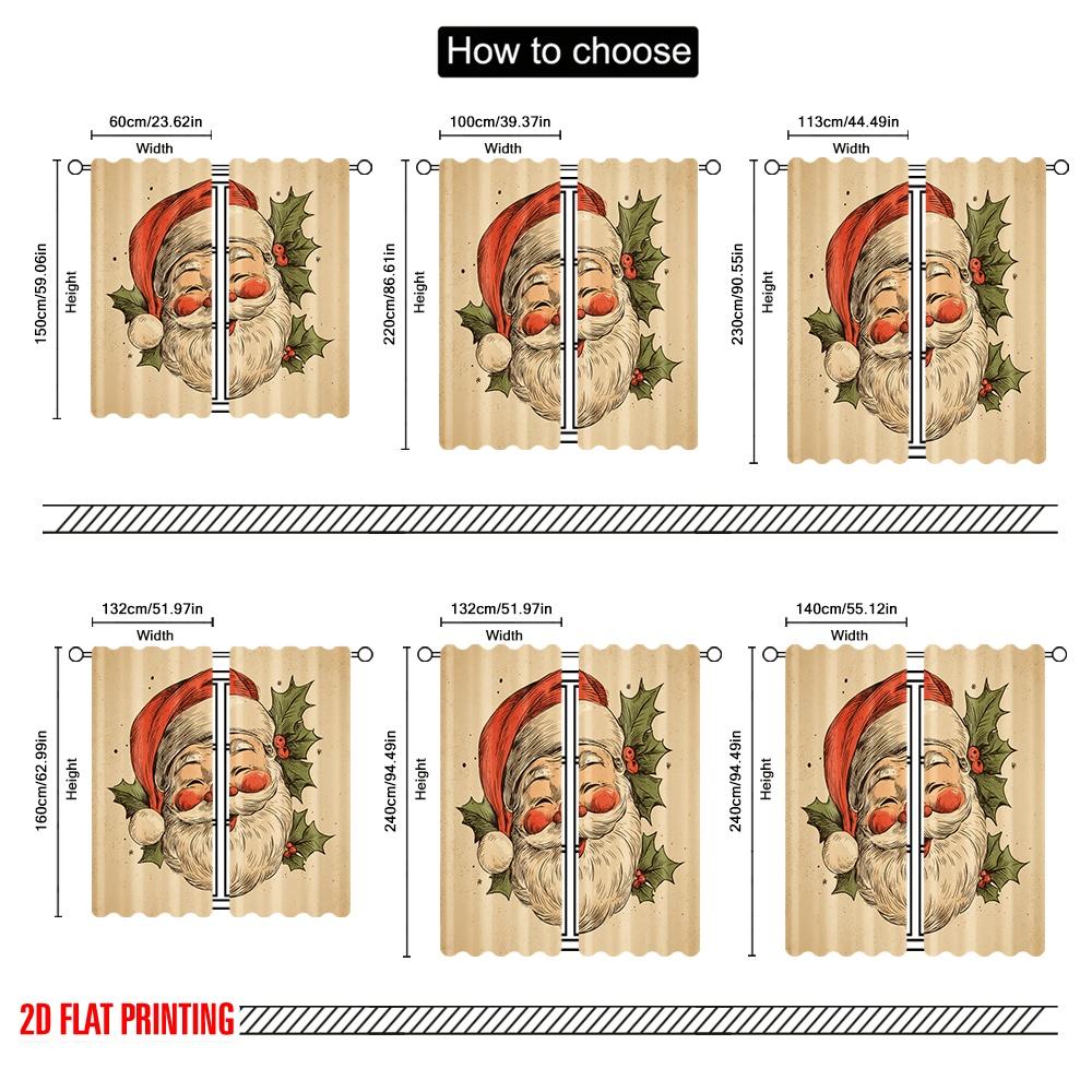 2pcs,2D Plane Printing Curtains Vibrant Santa Claus Head Polyester Easy Install (without Rod) All Seasons Ldeal for Living Room