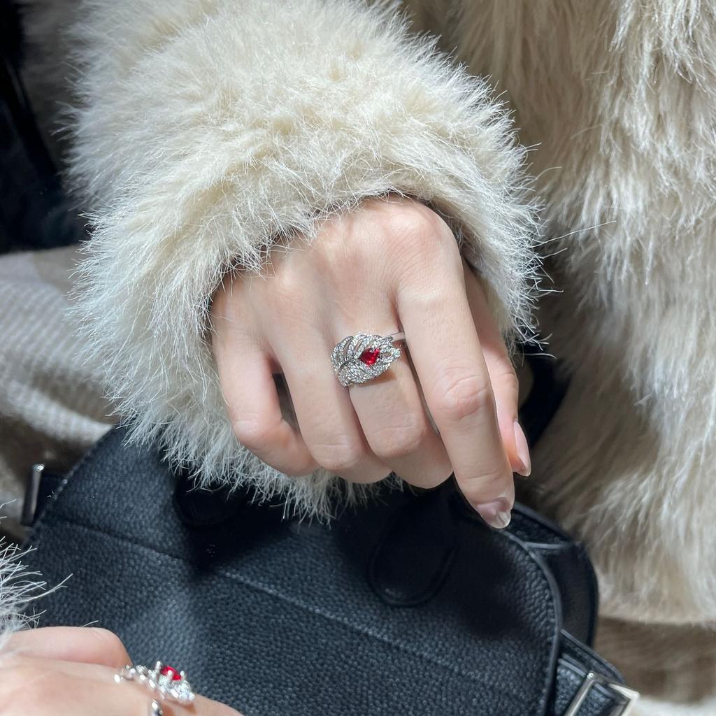 Ruby-Set Exquisite Feather Ring Women'S Opening Slightly Inlaid With Diamonds Temperament Elegant Ring Court Style