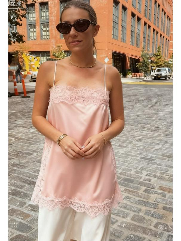

Lace Patchwork Solid Color Women s Sexy Camisole (2025) Small рожевий