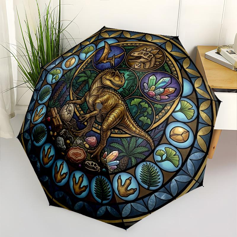 Dinosaur Glass Art Pattern Umbrella, Portable and Foldable Design, 8 Ribs, a Casual Accessory for Halloween, Christmas, and Birthday Gifts.